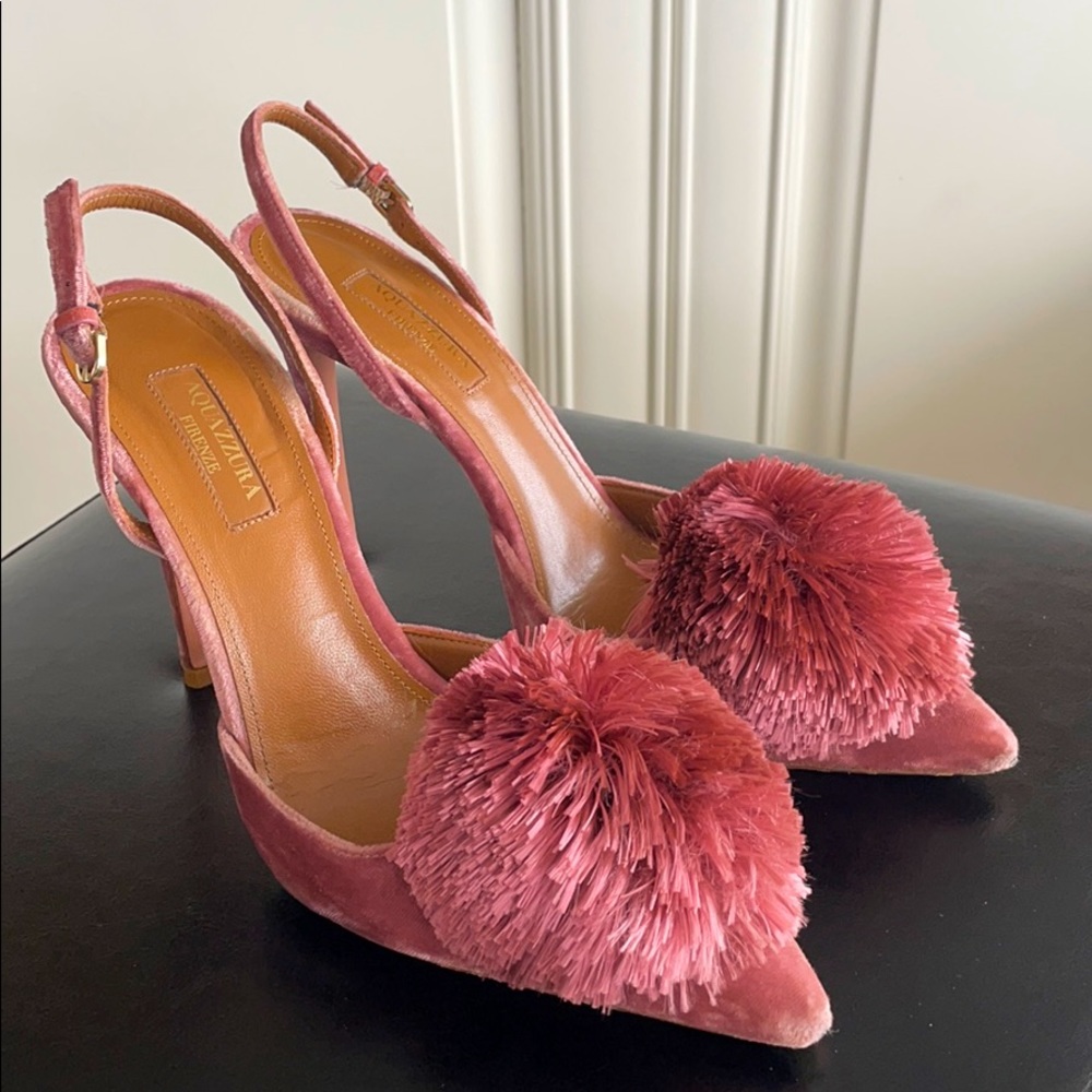 Aquazzura Powder Pink Velvet pumps with pompom